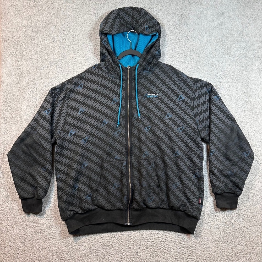 WORLD INDUSTRIES Mens 2XL Full Zip Hoodie Houndstooth Blue Logo Athleisure